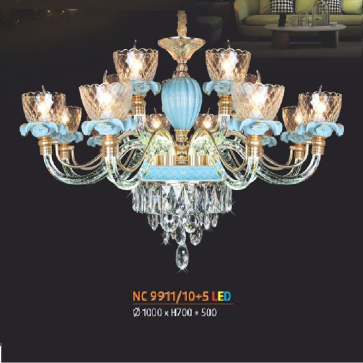 NV - NC 9911/10+5 LED: Đèn chùm nến 15 tay có đèn LED - KT: Ø1000mm x H700mm + 500mm - Đèn nến chân E14 x 15 bóng + Đèn LED