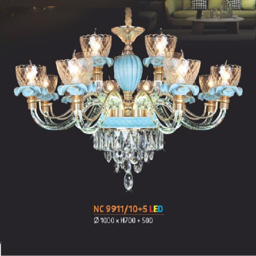 NV - NC 9911/10+5 LED: Đèn chùm nến 15 tay có đèn LED - KT: Ø1000mm x H700mm + 500mm - Đèn nến chân E14 x 15 bóng + Đèn LED