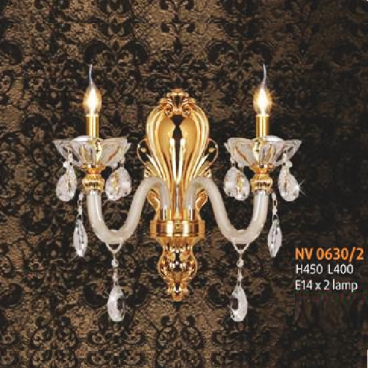 NV 0630/2: Đèn vách nến đôi, chén thủy tinh - KT: L400mm x H450mm - Đèn nến chân E14 x 2 bóng