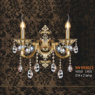 NV  0930/2: Đèn vách nến đôi chén thủy tinh - KT: L400mm x  H350mm - Đèn chân E14 x 2 bóng