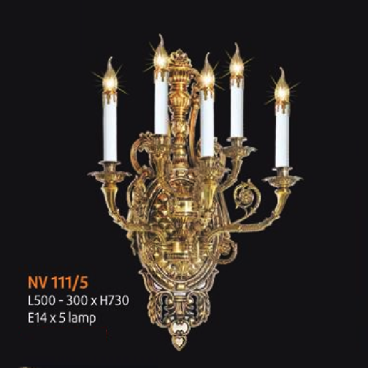 NV 111/5: Đèn vách nến 5 bóng - KT: L500 x W300mmxH730mm - Đèn nến chân E14 x 5 bóng