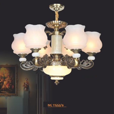 NC 1122/6: Đèn chùm 6 tay -  KT: Ø750mm x H500mm + 500mm - Đèn chân E27 x 6 bóng + Đèn LED