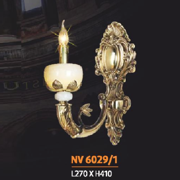 NV 6029/1: Đèn vách đồng chén đá - KT: L270mm x H410mm - Đèn chân E14 x 1 bóng