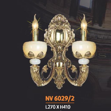 NV 6029/2: Đèn vách đồng 2 bóng, chén đá - KT: L270mm x H410mm - Đèn chân E14 x 2 bóng