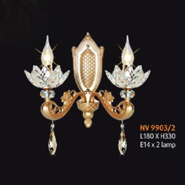 NV  9903/2: Đèn vách nến đôi chén thủy tinh - KT: L180mm x  H330mm - Đèn chân E14 x 2 bóng