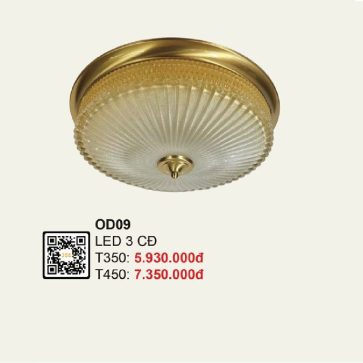 35 - OD09: Đèn ốp trần thân đồng, chao thủy tinh - KT: Ø450mm - Đèn LED đổi 3 màu