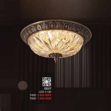 35 - OD37: Đèn ốp trần thân đồng, chao thủy tinh - KT: Ø500mm - Đèn LED đổi 3 màu
