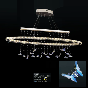 E - T-116: Đèn thả LED Phale K9 gắn ngang - KT: L1800mm x W380mm x H2000mm - Đèn LED 162W đổi 3 màu