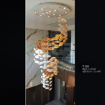 E - T - 123: Đèn thả thông tầng - KT: Ø850mm x H2500mm - Bóng đèn LED GU 10 x 12 x 5W