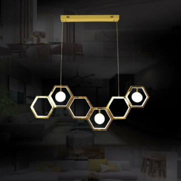 TH - 8334: Đèn thả ngang, thân Inox xi vàng  - KT: L1200mm x H1500mm - Đèn LED Đổi 3 màu + LED G9 x 3 bóng