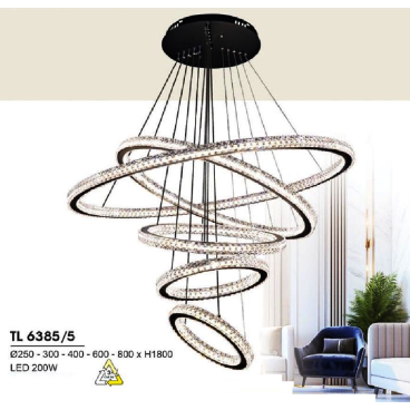 HF - TL 6385/5: Đèn thả 5 vòng LED  - KT: Ø(250+300+400+600+800)mm x H1800mm - Đèn LED 200W đổi 3 màu