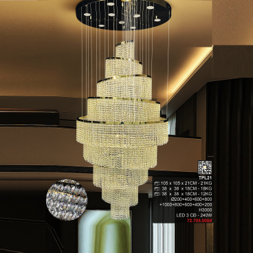 TPL21: Đèn thả thông tầng 9 vòng Phale LED - KT: Ø (200+400+600+800+1000+800+600+400+200)mm x H3000mm - Đèn LED đổi 3 màu