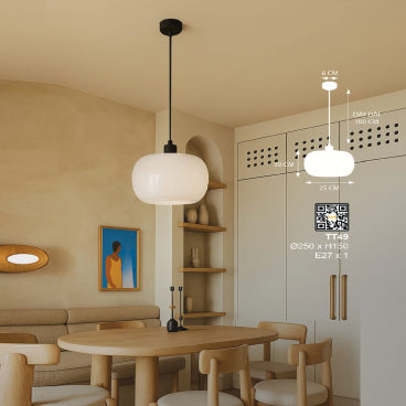 TT49: Đèn thả đơn chao thủy tinh  - KT: Ø250mm c H150mm - Bóng đèn E27 x 1