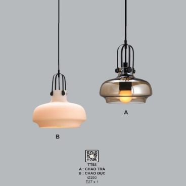 TT55: Đèn thả đơn, chao thủy tinh ( màu trà hoặc màu trắng đục) - KT: Ø250mm - Đèn E27 x 1 bóng