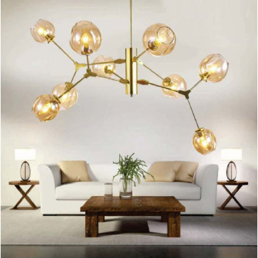 T-2705/9A: Đèn chùm 9 bóng chao thủy tinh vàng - KT: Ø1100mm x H800mm - Bóng đèn E27 x 9 bóng