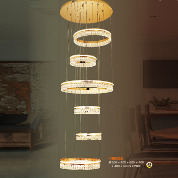 VE - T- 8052/6: Đèn thả vòng LED - KT: Ø(600+400+800+400+400+600)mm x H2800mm - Đèn LED đổi màu