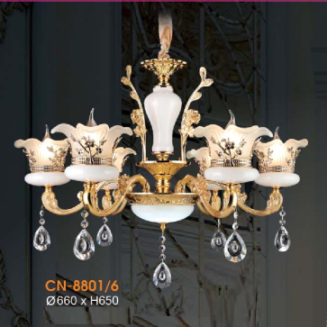 VE - CN - 8801/6: Đèn chùm nến 6 tay - KT: Ø660mm x H650mm - Đèn nến chân E14 x 6 bóng + Đèn LED