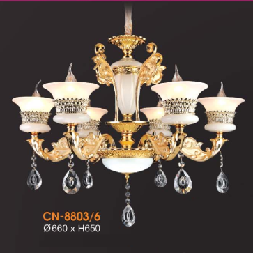 VE - CN - 8803/6: Đèn chùm nến 6 tay - KT: Ø660mm x H650mm - Đèn nến chân E14 x 6 bóng + Đèn LED