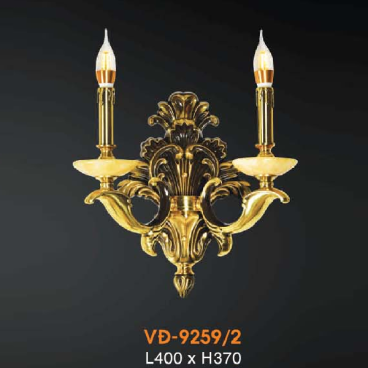 VE - VĐ -  9259/2: Đèn vách đồng đôi, chén đá - KT: L400mm x H370mm - Đèn chân E14 x 2 bóng