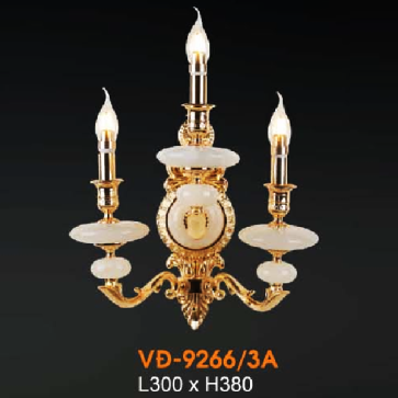 VE - VĐ -  9266/3A: Đèn vách đồng đôi, chén đá - KT: L300mm x H380mm - Đèn chân E14 x 3 bóng