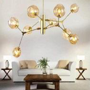 VE-T-2705/9A vàng: Đèn chùm bi màu trà 9 bóng , KT: Ø1100m*H800mm, đèn E27*9 bóng tính riêng