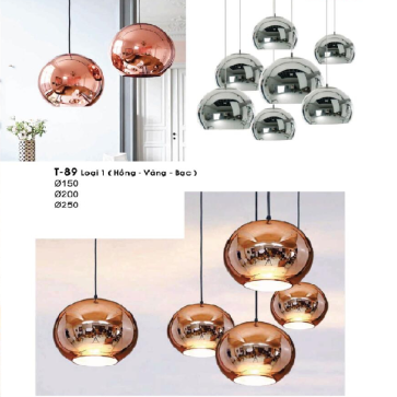 VE-T - 89: Đèn thả đơn chao thủy tinh màu ( Hồng - Vàng - Bạc): KT: Ø150mm - Bóng đèn E27 x 1 bóng