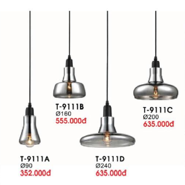 VE - T - 9111A: Đèn thả đơn, chao thủy tinh mà khói - KT: Ø90mm - Bóng đèn E27 x 1