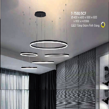 VE - T - 7550/5CF: Đèn thả 5 vòng LED xi màu nâu Cafe - KT: Ø(400+400+600+600+ 800)mm x H2000mm  - Đèn LED đổi 3 màu có chức năng tăng giảm ánh sáng