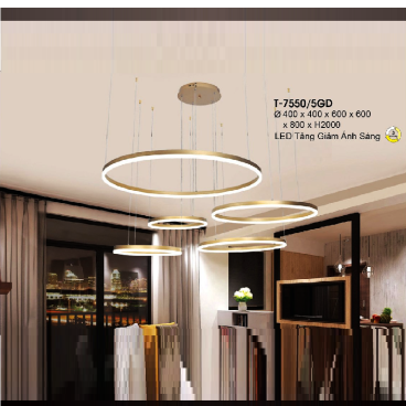 VE - T - 7550/5GD: Đèn thả 5 vòng LED xi màu vàng - KT: Ø(400+400+600+600+ 800)mm x H2000mm  - Đèn LED đổi 3 màu có chức năng tăng giảm ánh sáng
